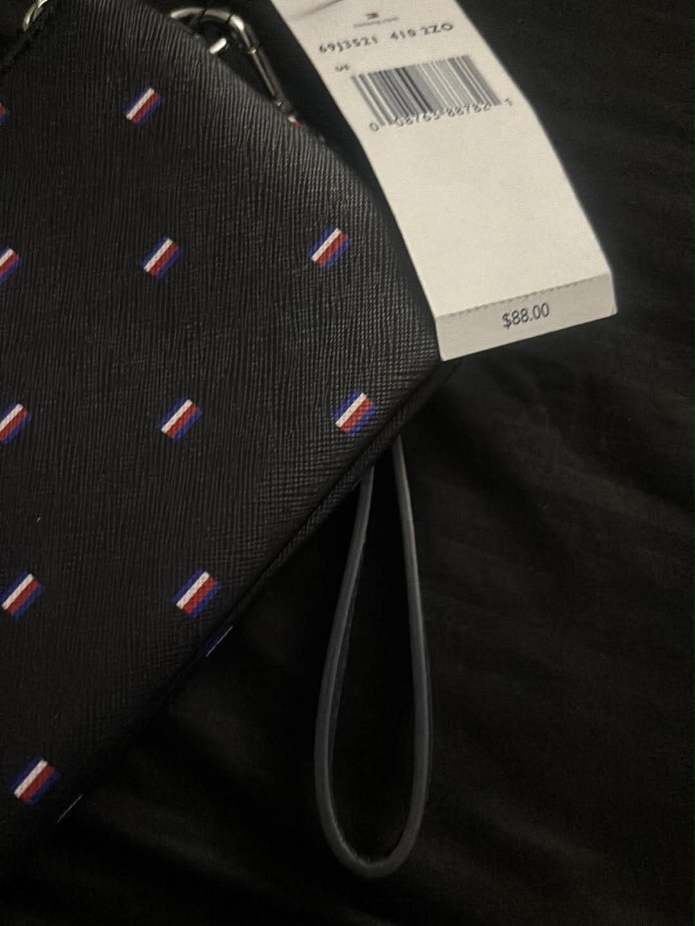 Tommy Hilfiger Black Wristlet Pouch with Red-White-Blue Micro Flags